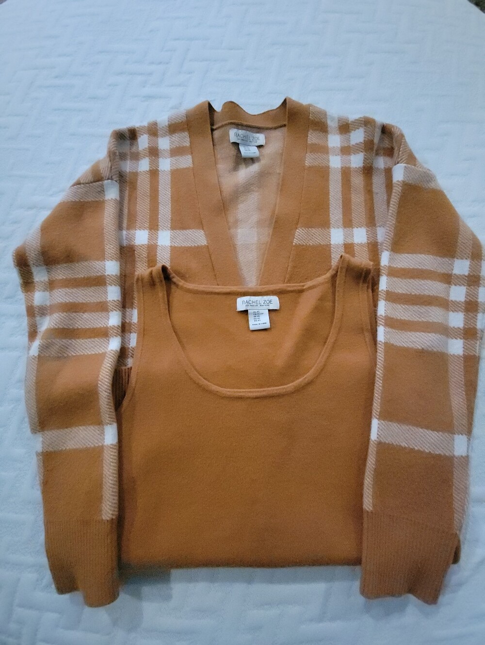 Rachel Zoe Camel Plaid V-Neck Cardigan with Matching Camel Tank